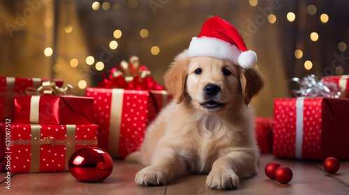 Happy cute gold Retriver puppy with Santa hat on a head and red christmas gift boxes at the bokeh background.Generated by AI. © JuLady_studio