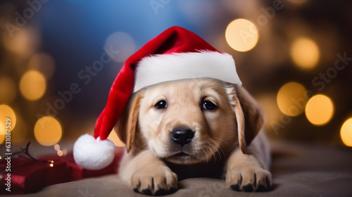 Happy gold retriver puppy with santa hat and christmas gift boxes at the bokeh background.Generated by AI.