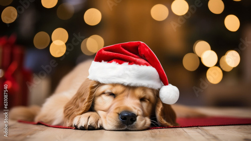 Cute sleeping Retriver puppy with Santa hat at the bokeh background ,copy space.Generated by AI.