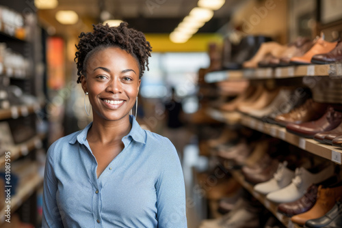 Portrait of black small business owner in her shoes store. Generative AI. 