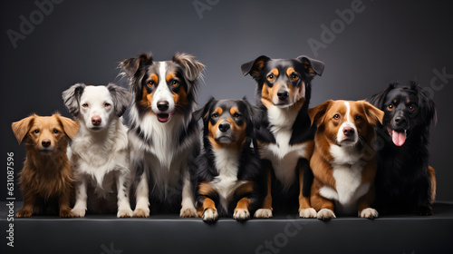 Dogs lined up together for a portrait in front of a seamless grey background. Mixed breeds at an animal shelter Generative AI © kitti