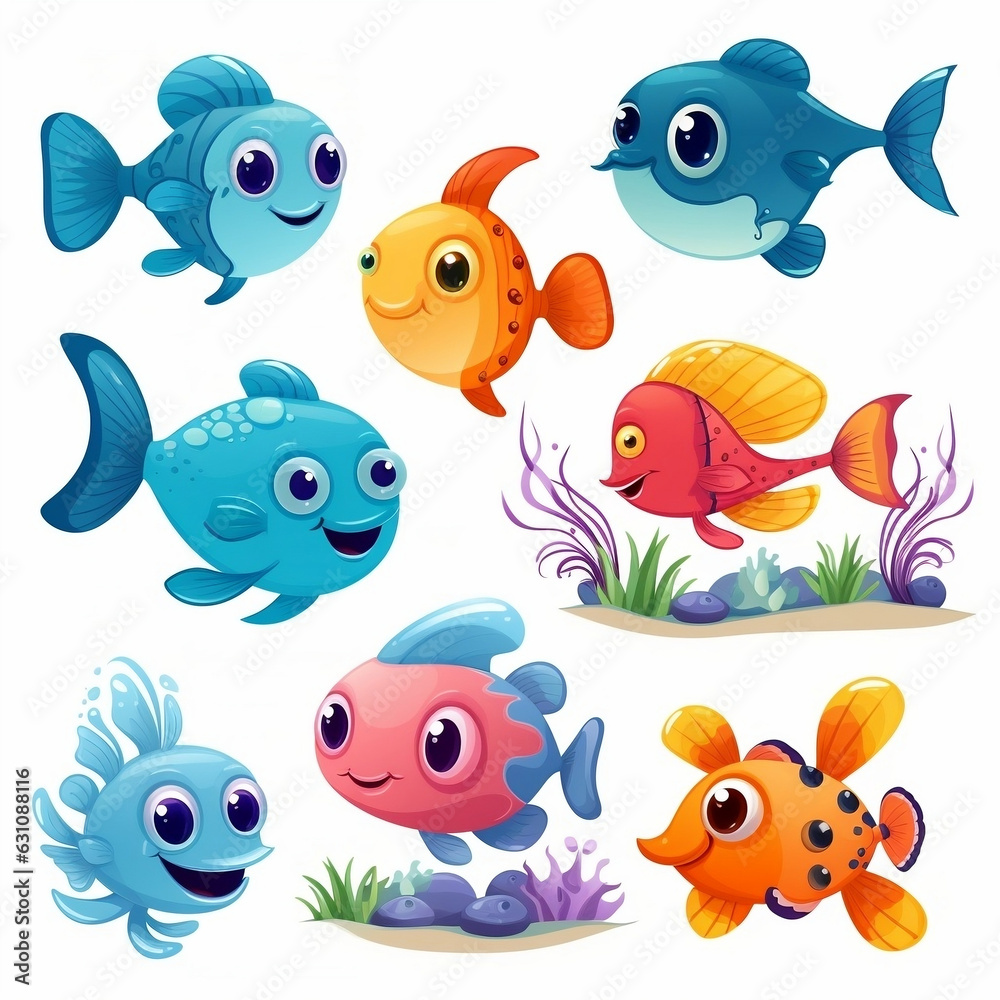 Set of cartoon cute sea animals isolated in white background, Cute sea life creatures cartoon animals with fish octopus jellyfish isolated vector illustration Set of cartoon cute sea animals isolated in white background, Cute sea life creatures cartoon animals with fish octopus jellyfish isolated vector illustration