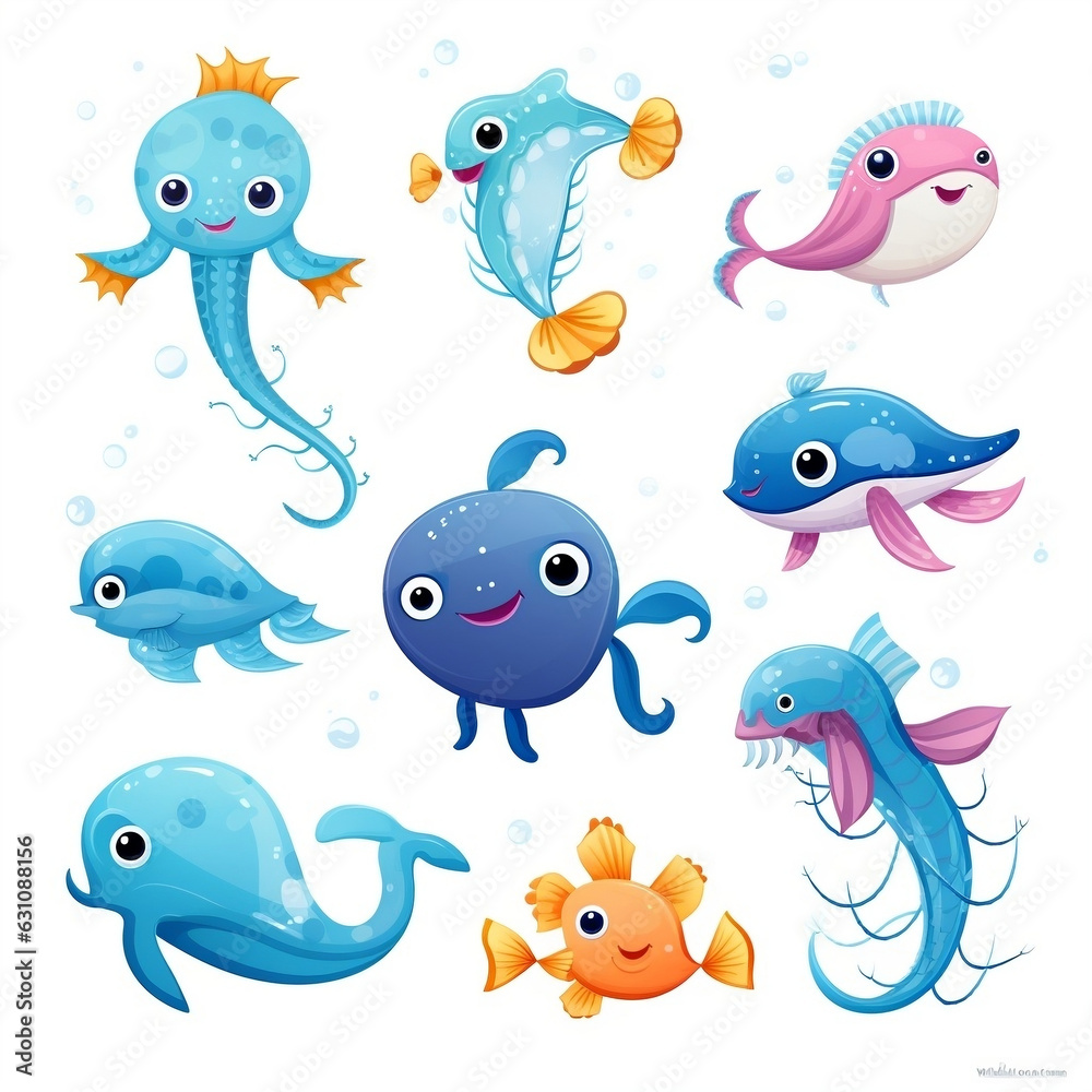 Set of cartoon cute sea animals isolated in white background, Cute sea life creatures cartoon animals with fish octopus jellyfish isolated vector illustration Set of cartoon cute sea animals isolated in white background, Cute sea life creatures cartoon animals with fish octopus jellyfish isolated vector illustration