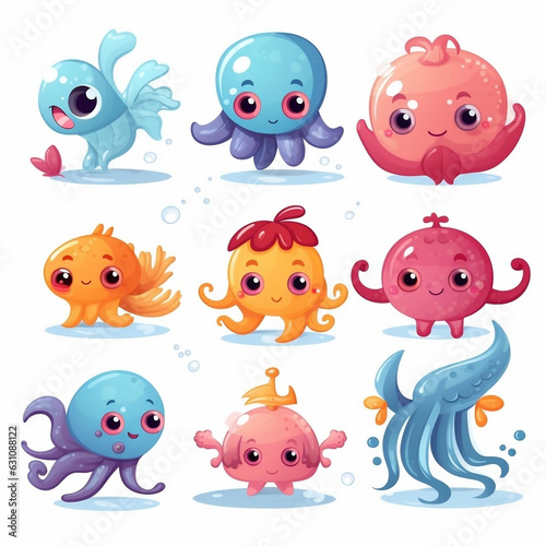 Set of cartoon cute sea animals isolated in white background  Cute sea life creatures cartoon animals with fish octopus jellyfish isolated vector illustration