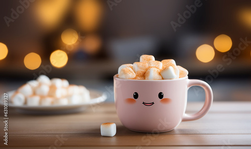 Super cute mug with smiley face and hot chocolate and marshmallows,Hot winter drink. Cup of hot chocolate with marshmallows Copy space, selective focus