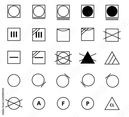 Laundry Vector Icons set. Washing symbols. Care clothes instructions on labels, machine or hand washing signs.