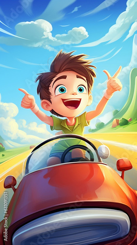 colorful rainbow cartoon game background, a cheerful boy his hands in the air driving car on a rainbow road, middle of clouds, Big blue sky. clouds, colorful, bright colors 
