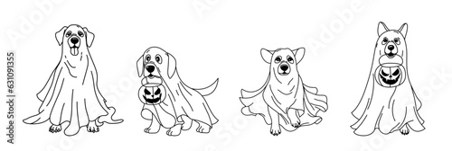 Set of cute ghost dogs. Halloween pets. Cartoon spooky baby character. Vector illustration.