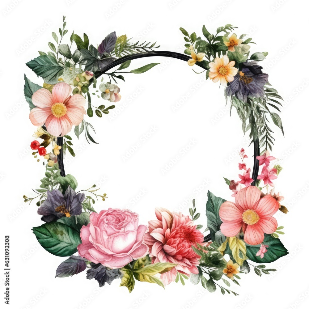 Floral watercolor circular frame. Hand drawn template for greeting cards or wedding invitations on isolated background. Round botanical vintage border.