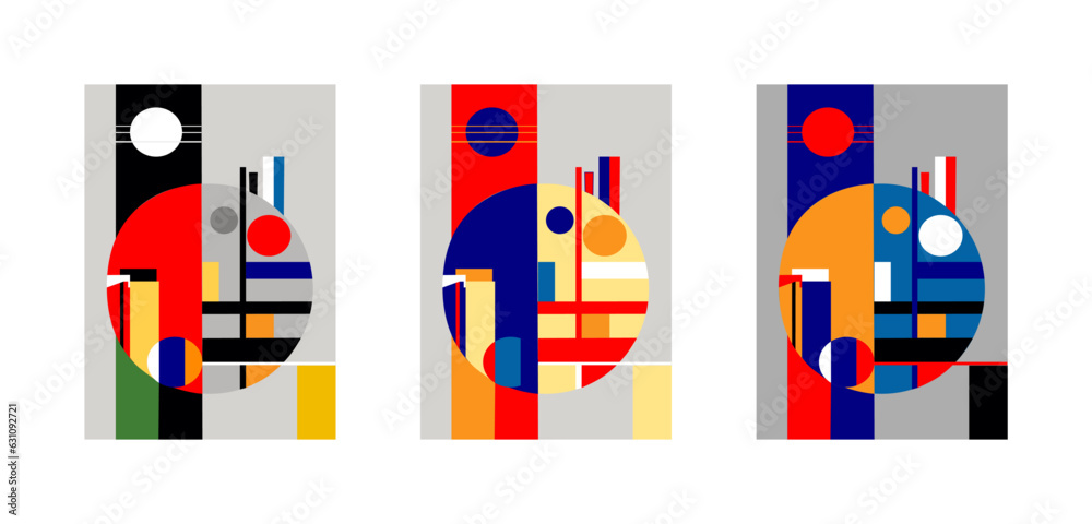 Vector tríptico de tres figuras geométricas redondas y cuadradas de colores diferentes con fondo gris, carteles geométrico estilo bauhaus.