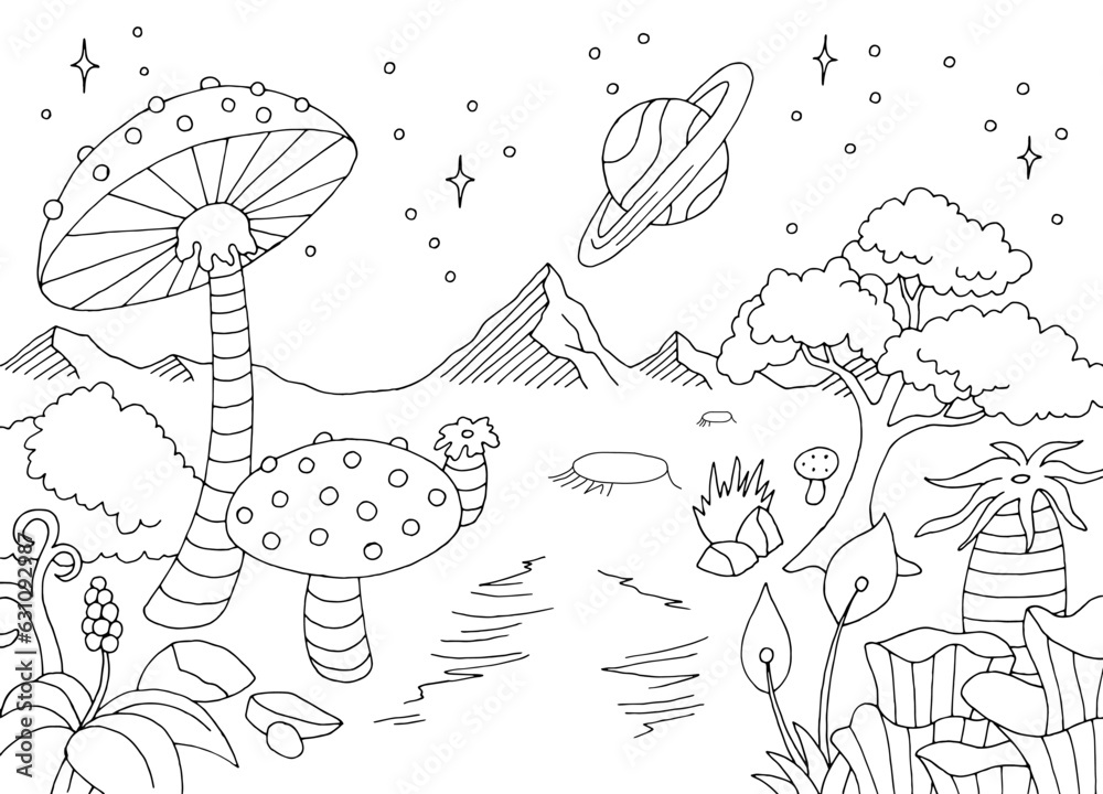 Obraz premium Forest on alien planet graphic black white space landscape sketch illustration vector