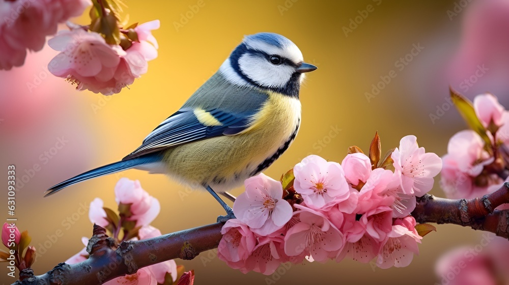 Portrait of a blue tit bird sitting on a branch of a blossoming cherry tree. - obrazy, fototapety, plakaty 