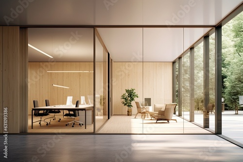 Interior of modern office waiting room Contemporary meeting room with white walls, concrete floor, long wooden table with beige chairs and panoramic windows