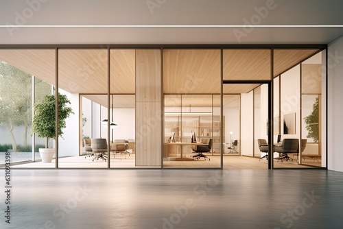 Interior of modern office waiting room Contemporary meeting room with white walls, concrete floor, long wooden table with beige chairs and panoramic windows © ttonaorh