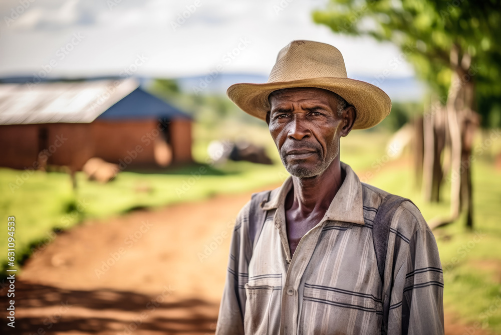 Farmer worker, African man standing in front of blurred local farm. Generative AI