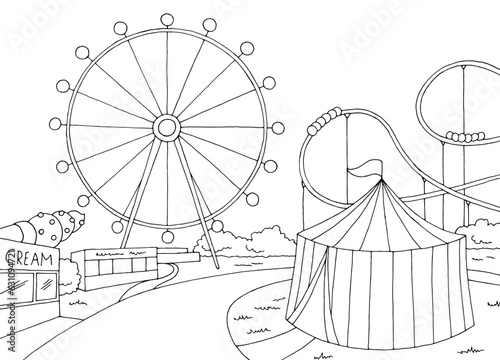 Amusement park landscape graphic black white sketch illustration vector 
