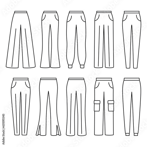 Set of woman pants in different styles. Vector illustration