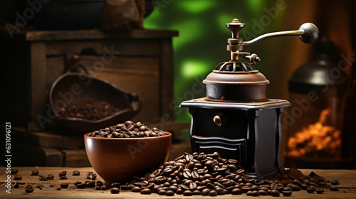 Old coffee grinder with fresh roasted beans