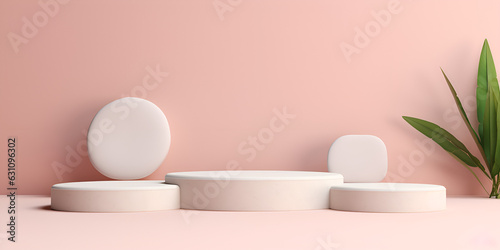 White round podium pedestal cosmetic beauty product presentation scene flat lay empty mockup on trendy pink coral pastel background with plan