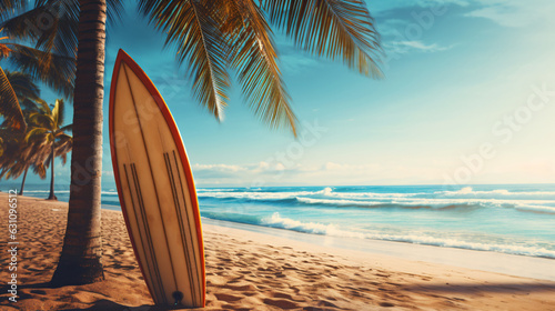 Surfboard and palm tree on beach background © franklin