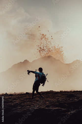 Fototapet A photographer-hiker shooting with a phone under the erupting volcano in Iceland
