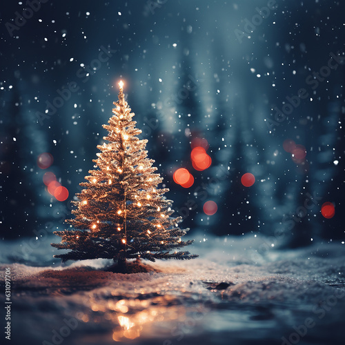 blurred christmas tree, snow, christmas, background. Made with generative ai