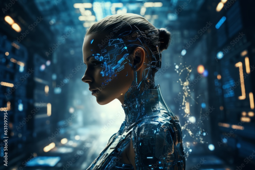 Photo of a futuristic woman with a technologically enhanced interface created with Generative AI technology Photo of a futuristic woman with a technologically enhanced interface created with Generative AI technology