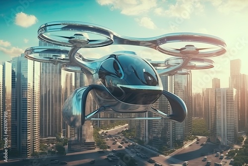 Fotografie, Tablou Futuristic autonomous modern air taxi without driver with autopilot fly in modern city