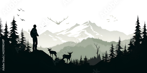 Photographer stands on meadow next to tree take picture of landscape. Mountains and forest in background. Silhouette of deer.Mountain Top Hiking 