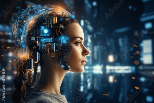 Photo of a futuristic woman with a technologically enhanced interface created with Generative AI technology