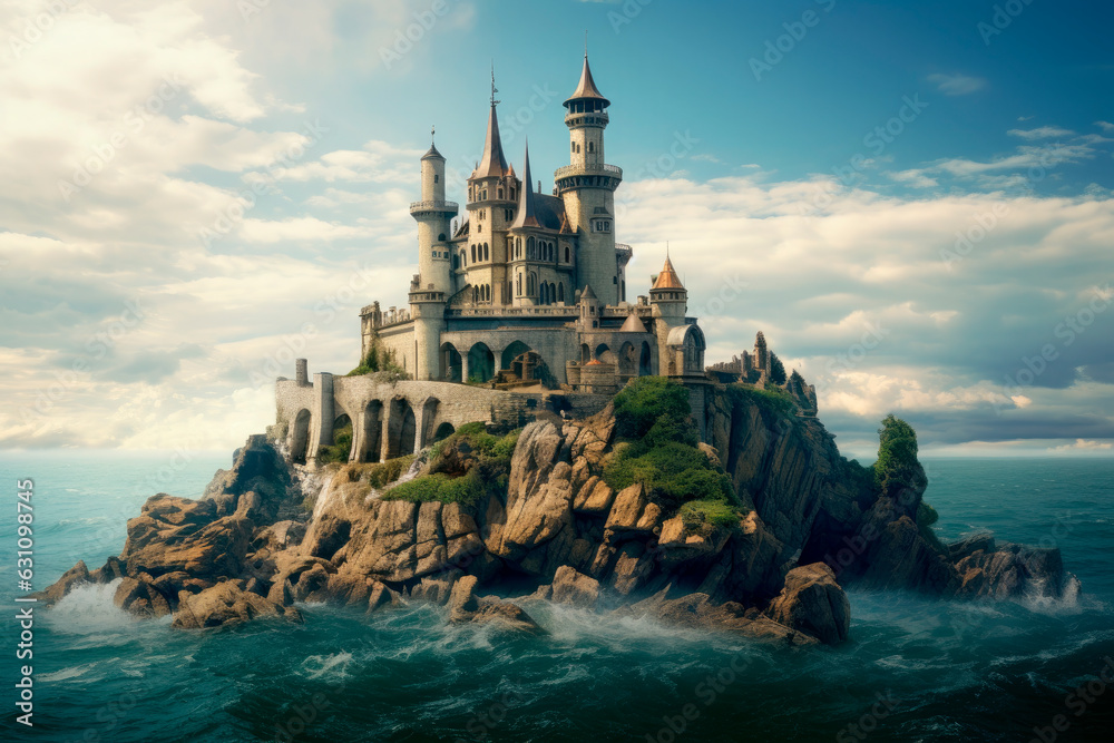 medieval fantasy castle on a big rock surrounded by sea medieval fantasy castle on a big rock surrounded by sea