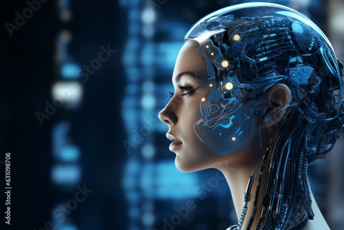 Photo of a futuristic woman with a technologically enhanced interface created with Generative AI technology