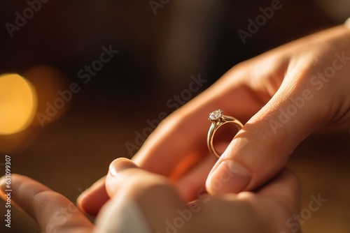 Macro detail of a diamond ring, held in a woman's hand at her wedding.