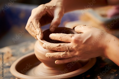 Detail of the hands of a potter shaping a piece of clay. Ai generated.