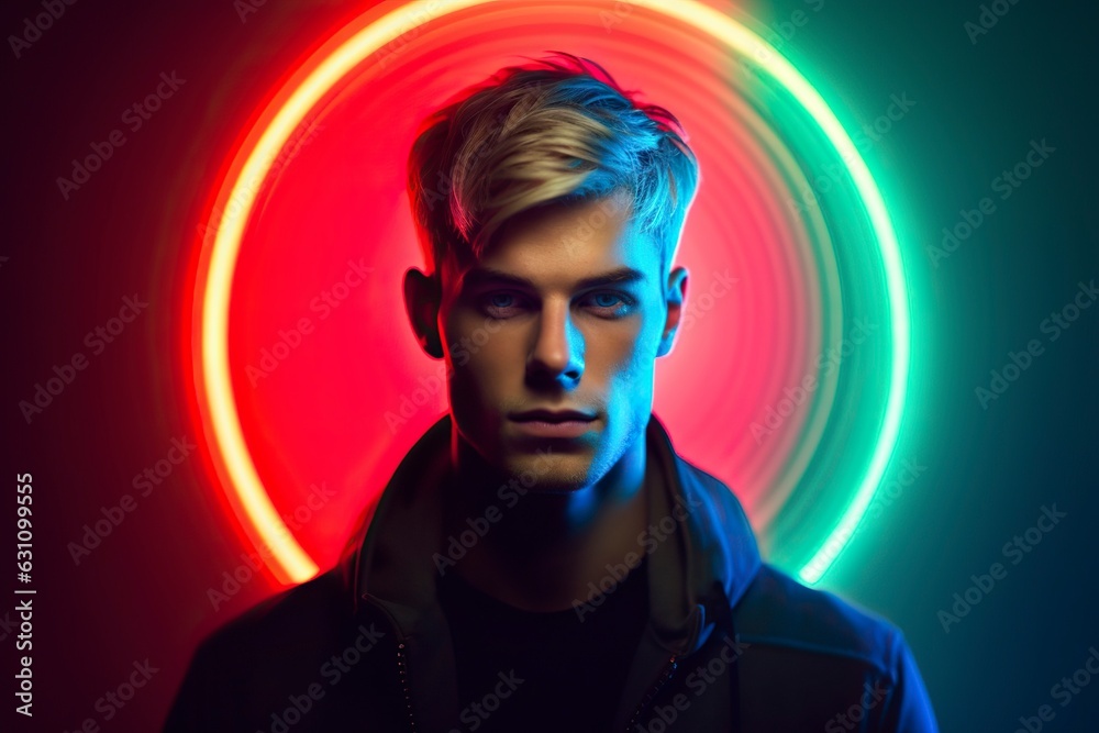 A serious young man stares straight ahead, in a futuristic environment with an aura of neon lights. Ai generated. A serious young man stares straight ahead, in a futuristic environment with an aura of neon lights. Ai generated.