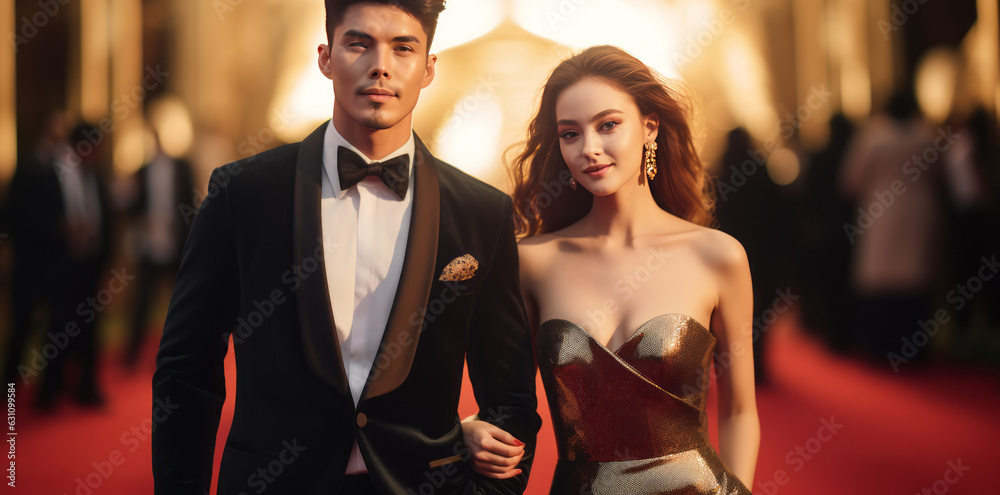 Stars in gorgeous evening gowns on the red carpet for the festive awards ceremony. Celebrity nominees arrive for the premiere. Generative AI. Stars in gorgeous evening gowns on the red carpet for the festive awards ceremony. Celebrity nominees arrive for the premiere. Generative AI.