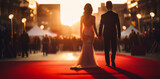 Stars in gorgeous evening gowns on the red carpet for the festive awards ceremony. Celebrity nominees arrive for the premiere. Generative AI.
