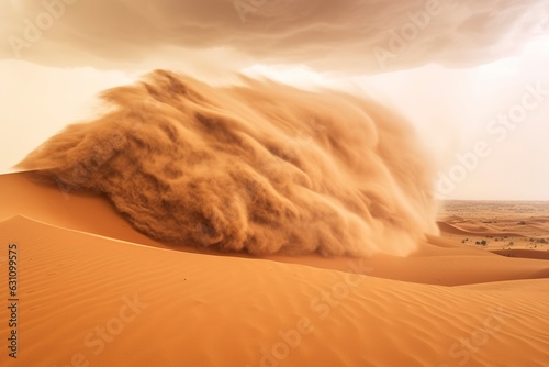 A scorching wind whips up a vast wave of sand in the arid desert landscape.