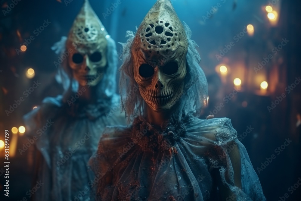 Zombies are celebrating at the festival. Halloween concept. Background with selective focus and copy space Zombies are celebrating at the festival. Halloween concept. Background with selective focus and copy space