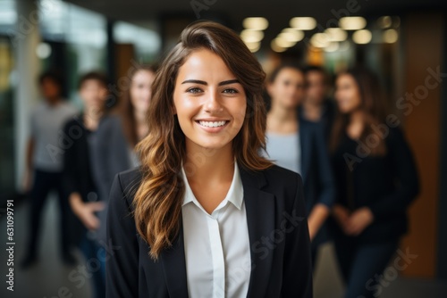 Happy and cheerful woman executive in a corporate office. Portrait with selective focus and copy space