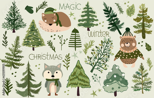 Christmas poster with winter trees, stars, snowflakes and forest animals, cute bear, sleep wolf. Seasonal poster with holiday symbols. Perfect for web, banner, card. Vector.