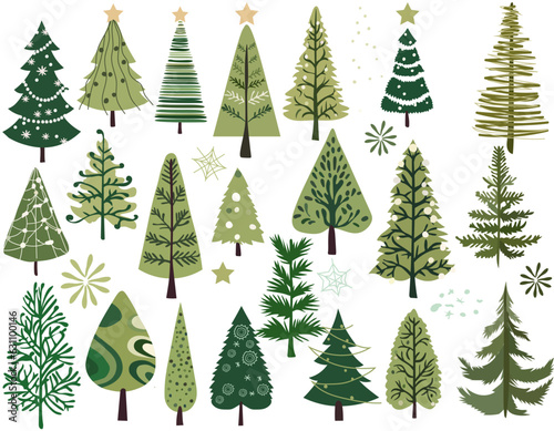 Hand-drawn vector collection of Christmas trees, adorned with festive ornaments, stars, snowflakes. Christmas symbols Perfect for web, banner, card. Vector.
