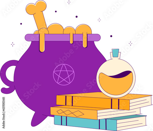 Lined Witch Cauldron with Potion Bottle and Magic Books photo