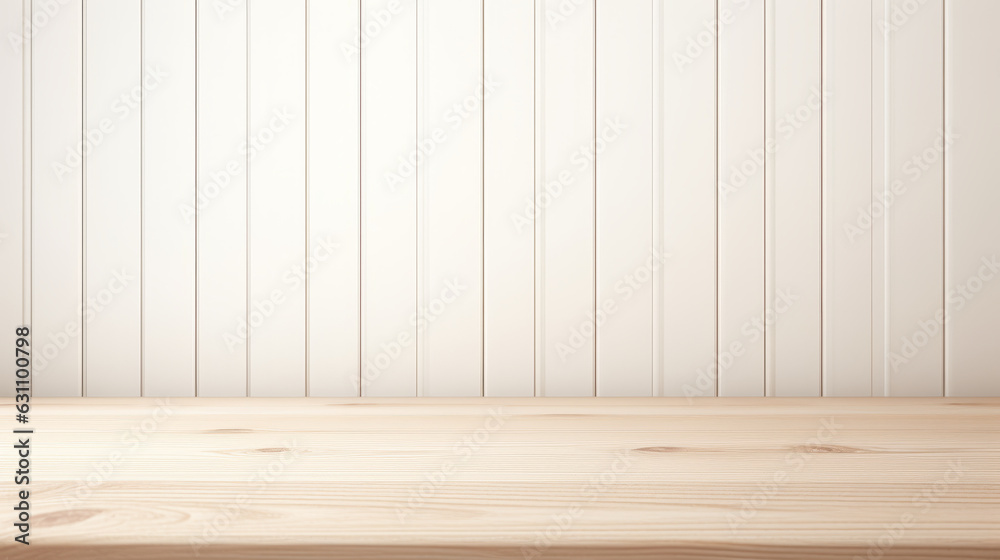 A minimalist wooden table against a clean white wall A minimalist wooden table against a clean white wall
