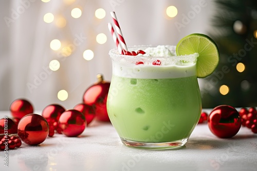 Xmas Grinch Punch in glass decorated berries on white table make of cool lime sherbet. Close up. Tasty beverage for Christmas holiday. Copy space. Generative AI.