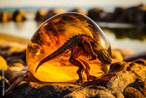 Fényképezés Boule d'ambre avec un bébé dinosaure en inclusion - Morceau d'ambre jaune conten
