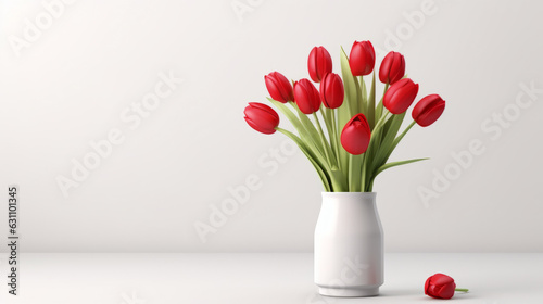 A beautiful red floral arrangement in a white vase on a table