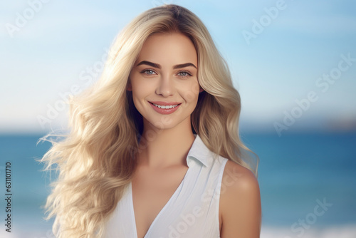 Beautiful blonde woman smiling on the background of the sea. AI generative. © Iaroslav