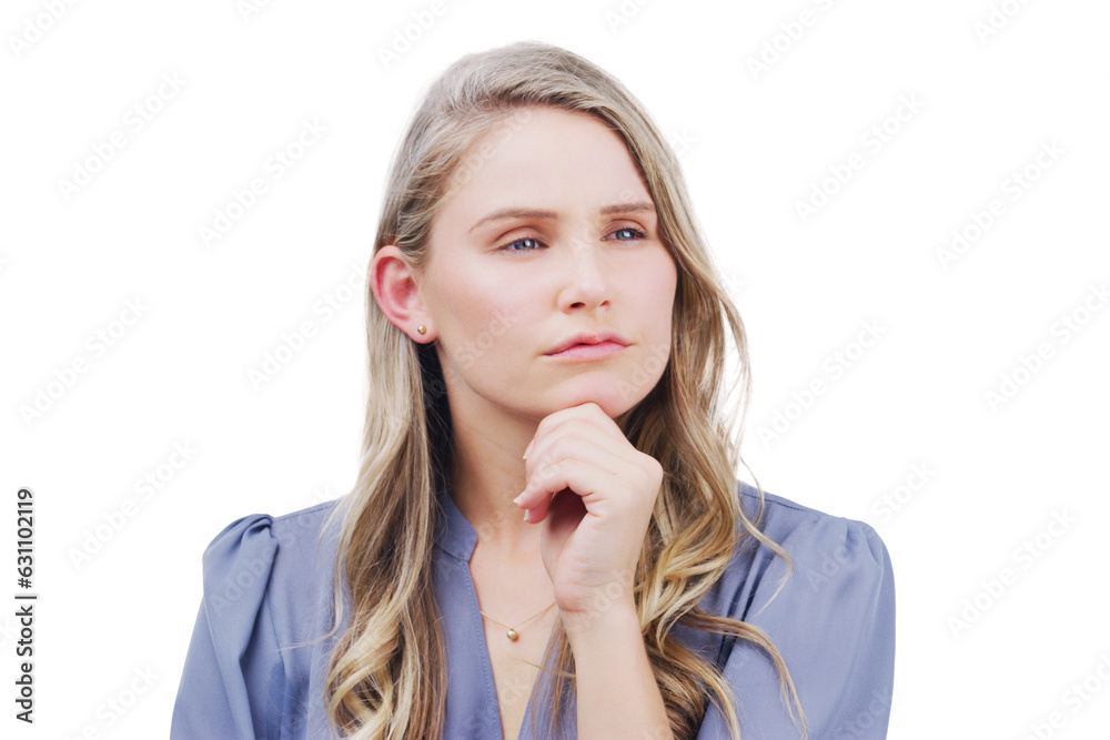 Thinking, doubt or problem solving with the face of a woman isolated on a transparent background. Idea, question and confused with a young female person on PNG to consider a choice or option Thinking, doubt or problem solving with the face of a woman isolated on a transparent background. Idea, question and confused with a young female person on PNG to consider a choice or option