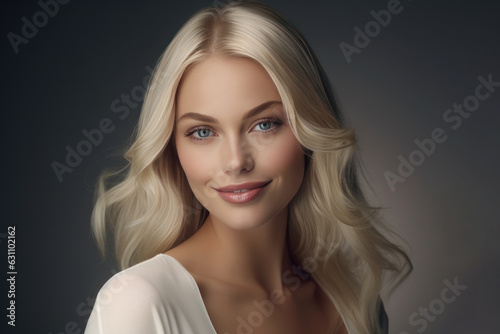 Happy blonde woman smiling. AI generative.